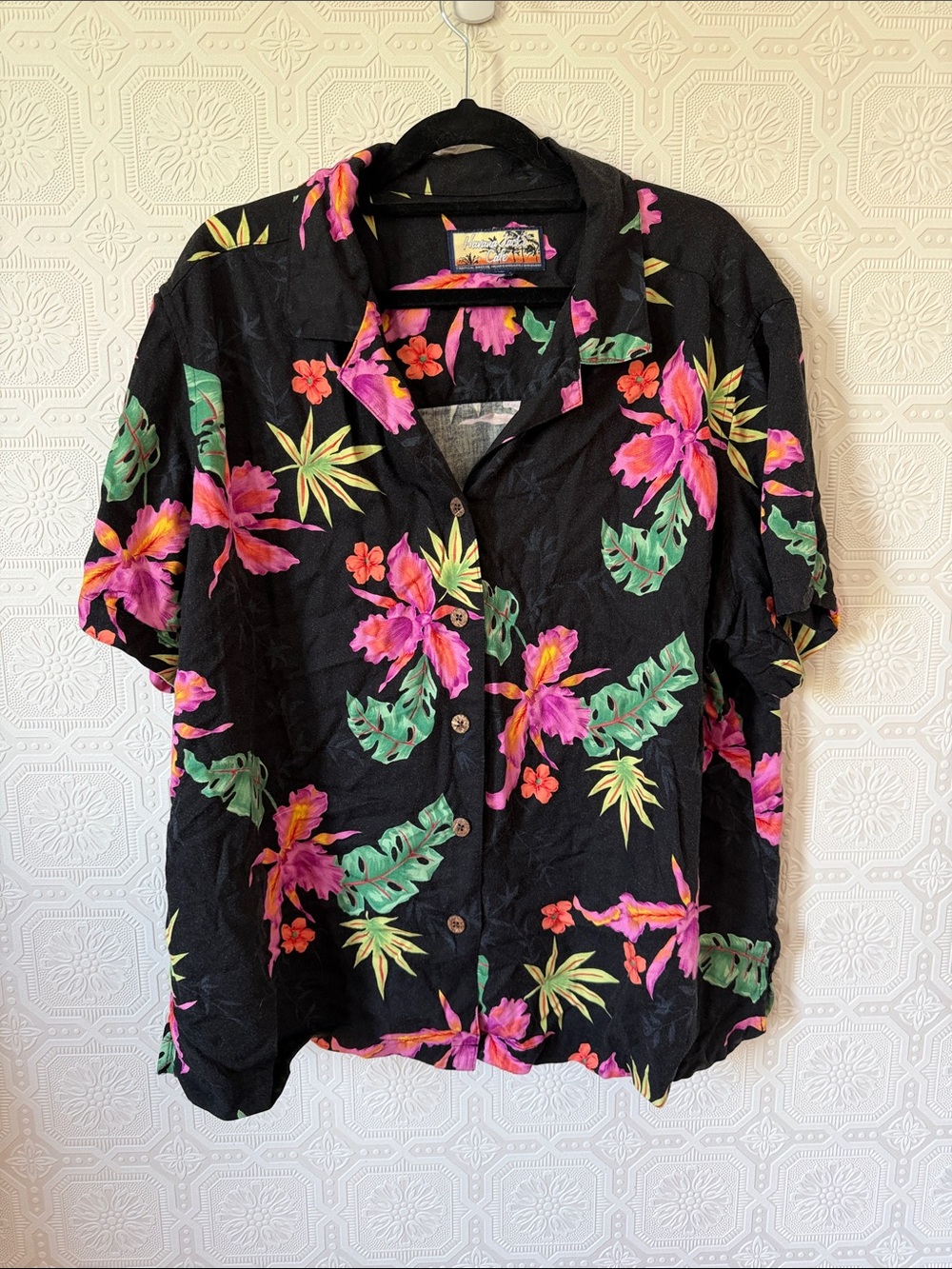 Havana Jacks Cafe Women Tropical Blouse Black Floral Button Up Shirt Size 1X